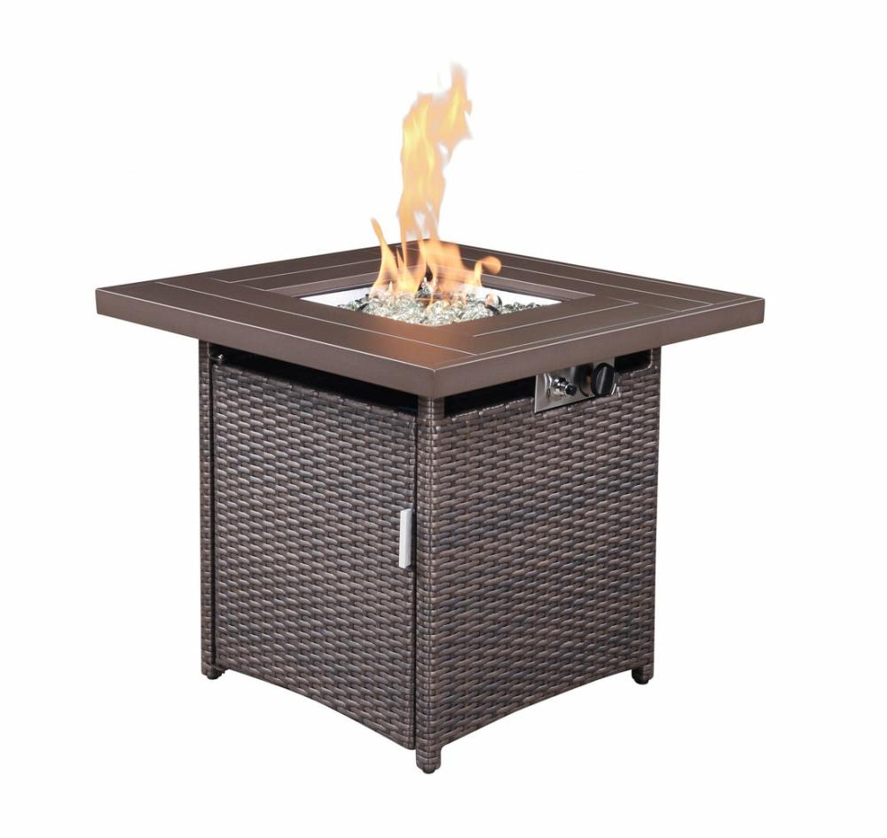 28″ Brown Faux Rattan Design Square Propane Fire Pit With Glass Bead Rocks