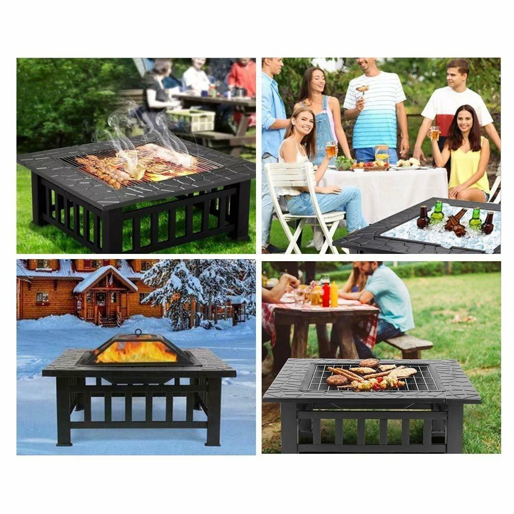 32″ Black Square Charcoal Or Wood Burning Fire Pit With Cover