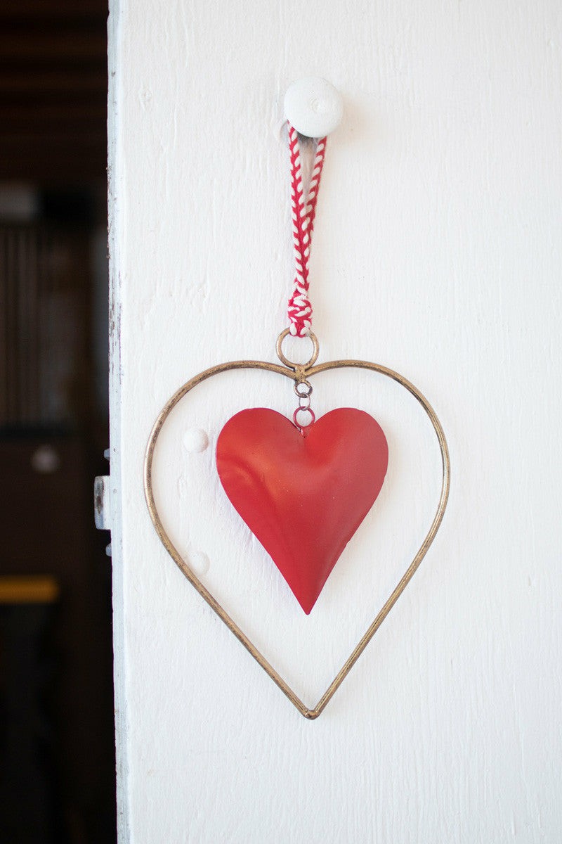 Antique Brass And Red Heart Door Hanger Set Of 4