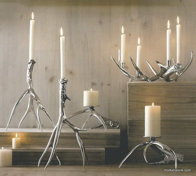 Antique Silver Polished Antler Candlesticks & Pillar Holders