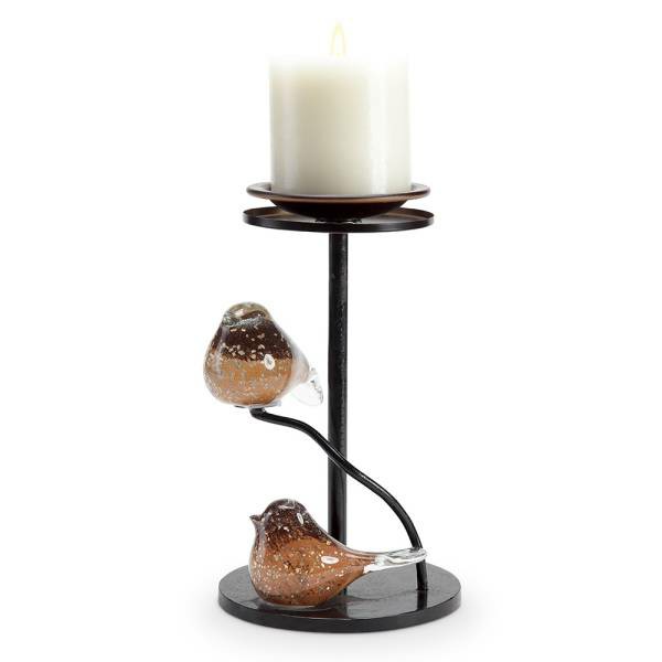 Brown Glass Bird Pair Pillar Candle Holders