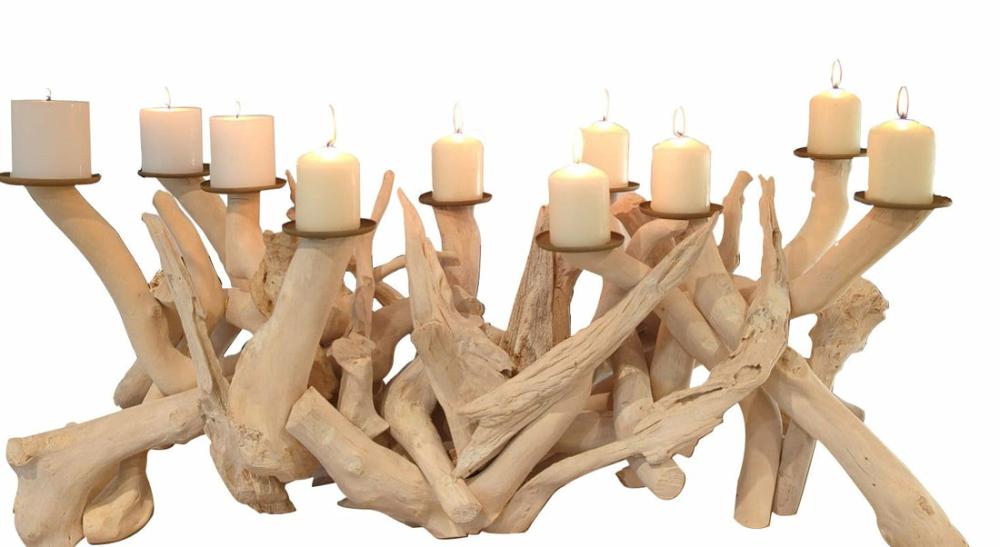 Driftwood 10 Candle Candelabra, Horizontal, White, Bleached