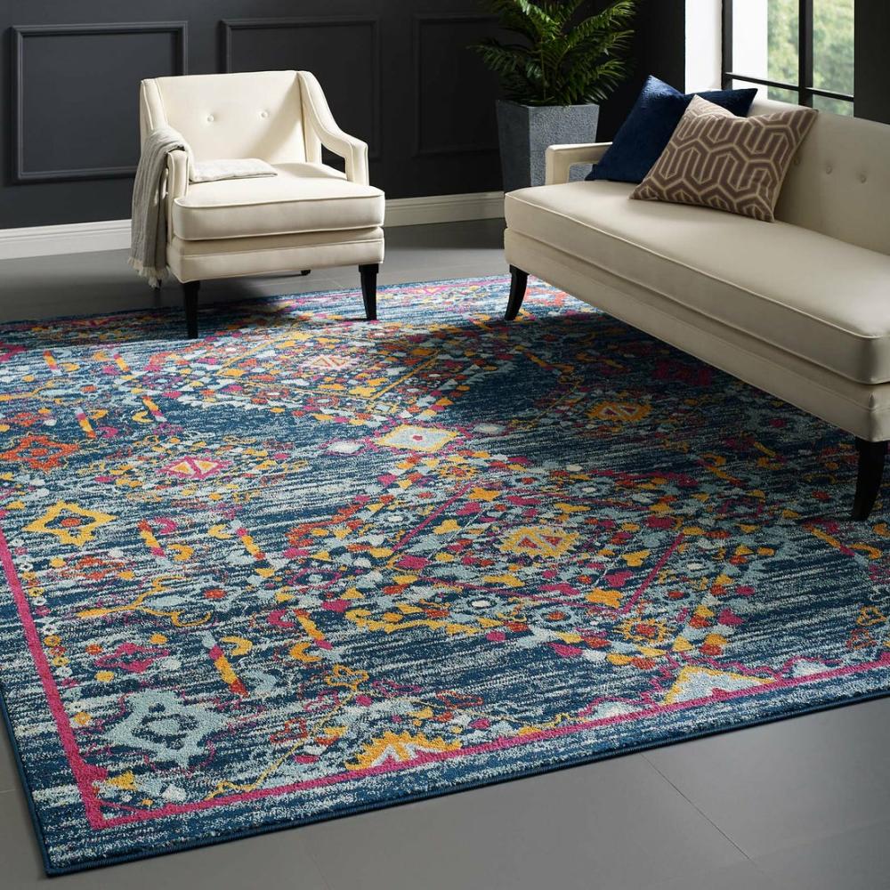 Entourage Khalida Distressed Vintage Floral Lattice 8X10 Area Rug Blue, Orange, Yellow, Red – R-1169-810