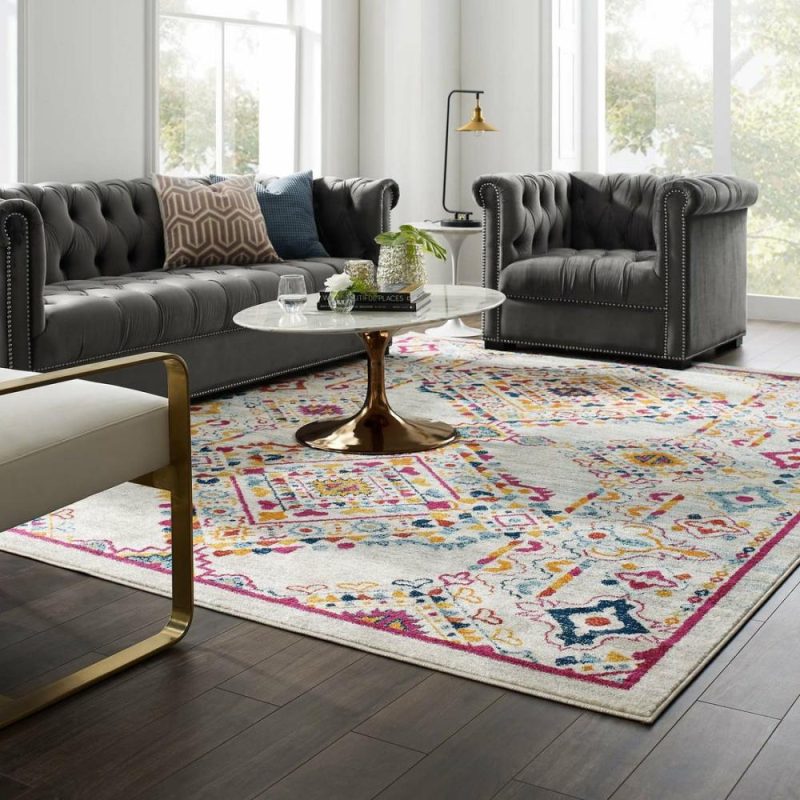 Entourage Khalida Distressed Vintage Floral Lattice 8X10 Area Rug Ivory, Blue, Orange, Yellow, Red – R-1169-810