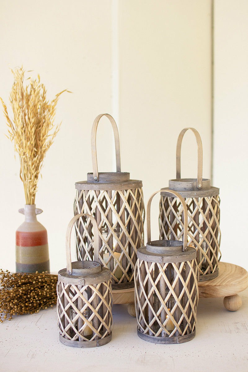 Grey Willow Cylinder Lanterns With Glass Inserts Set Of 4