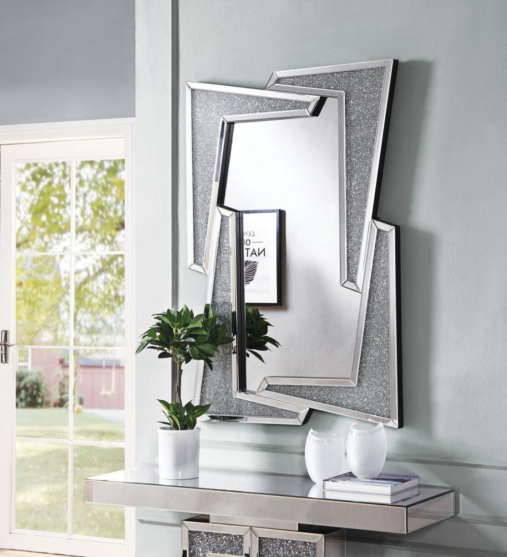 Mirrored Wooden Frame Accent Wall Decor With Four L Shaped Borders, Silver