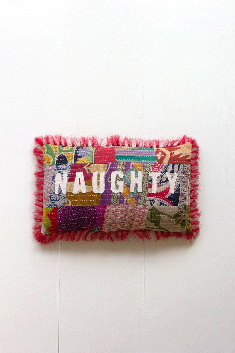 Naughty/Nice Christmas Kantha Pillow