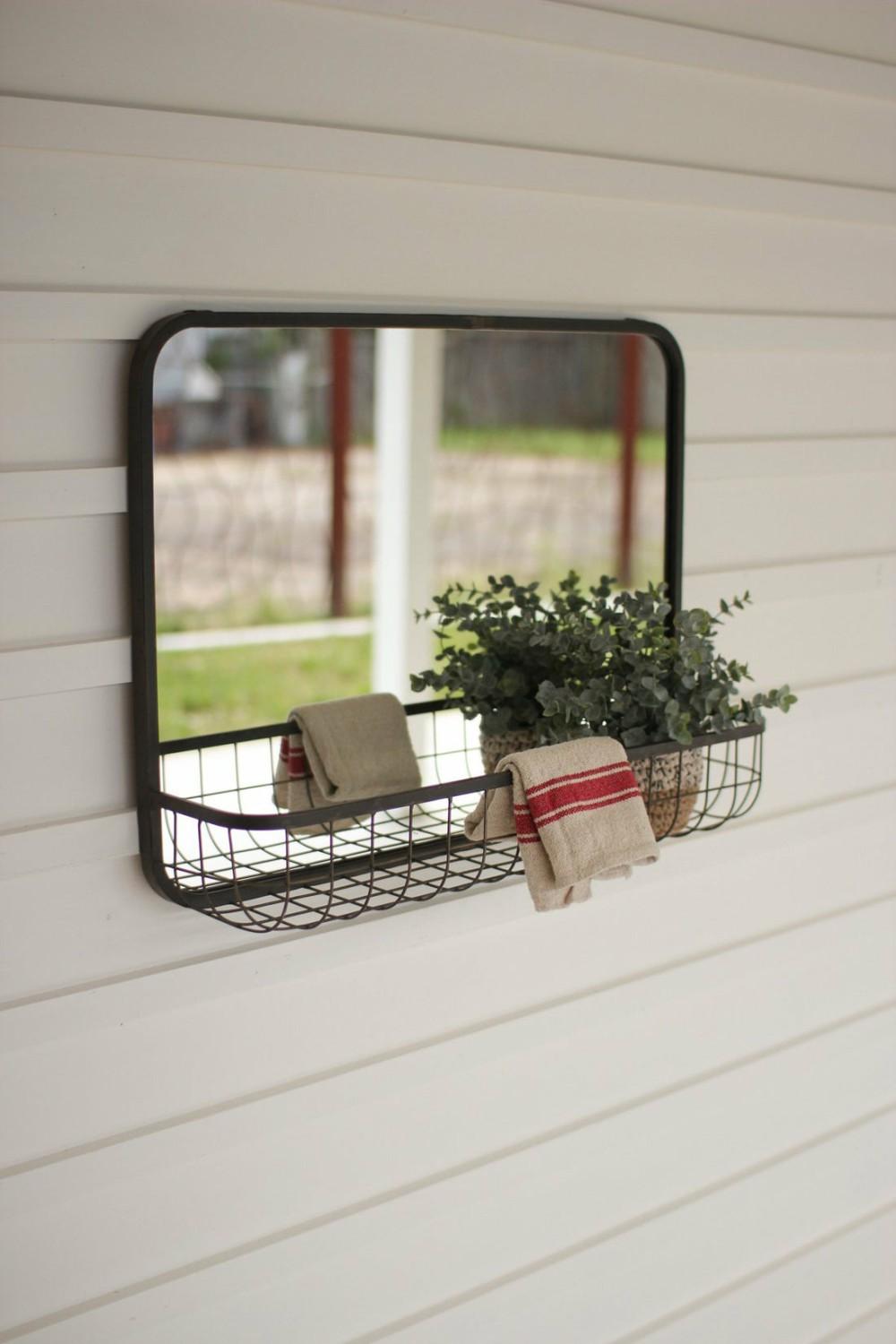 Rectangle Mirror With Wire Basket Shelf