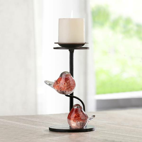 Red Glass Bird Pair Pillar Candle Holders