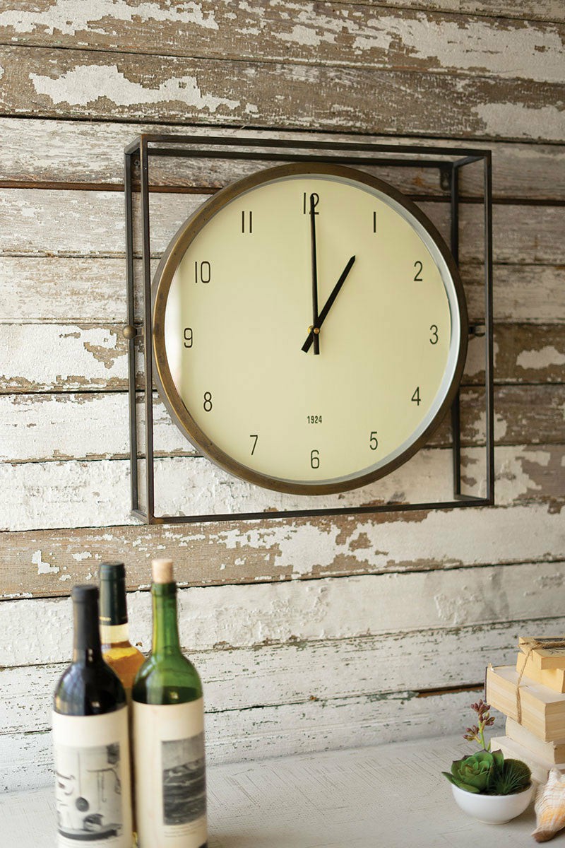 Round Clock With Square Metal Frame