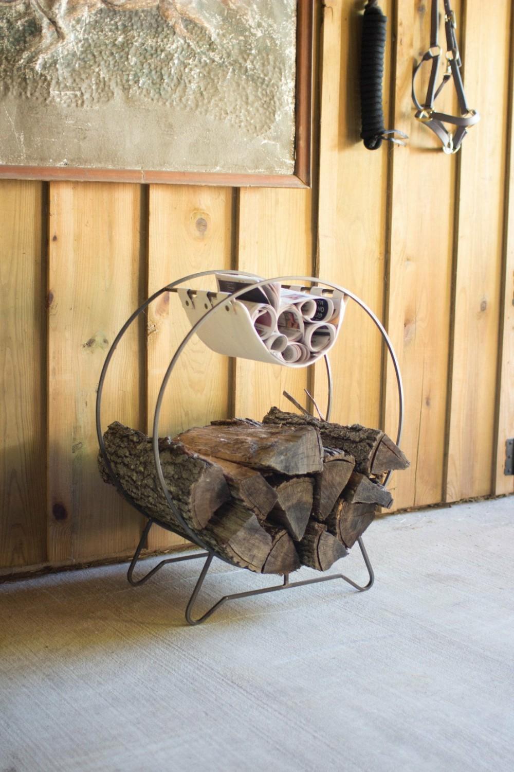 Round Log Holder With Canvas Kindling Sling