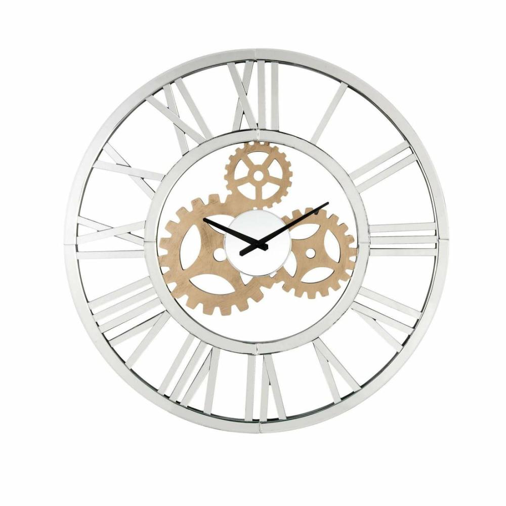 Round Mirror Panel Open Frame Wall Clock With Gear Design, Silver