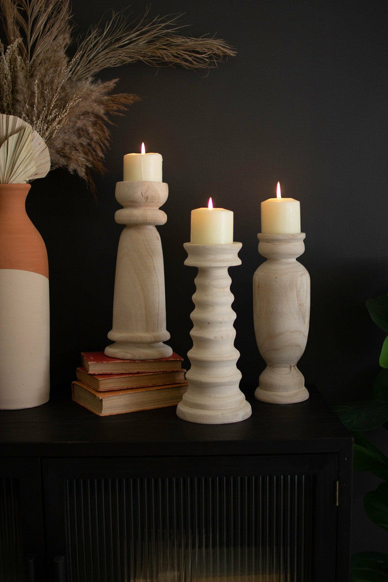 Set Of Three Turned Wooden Candle Holders