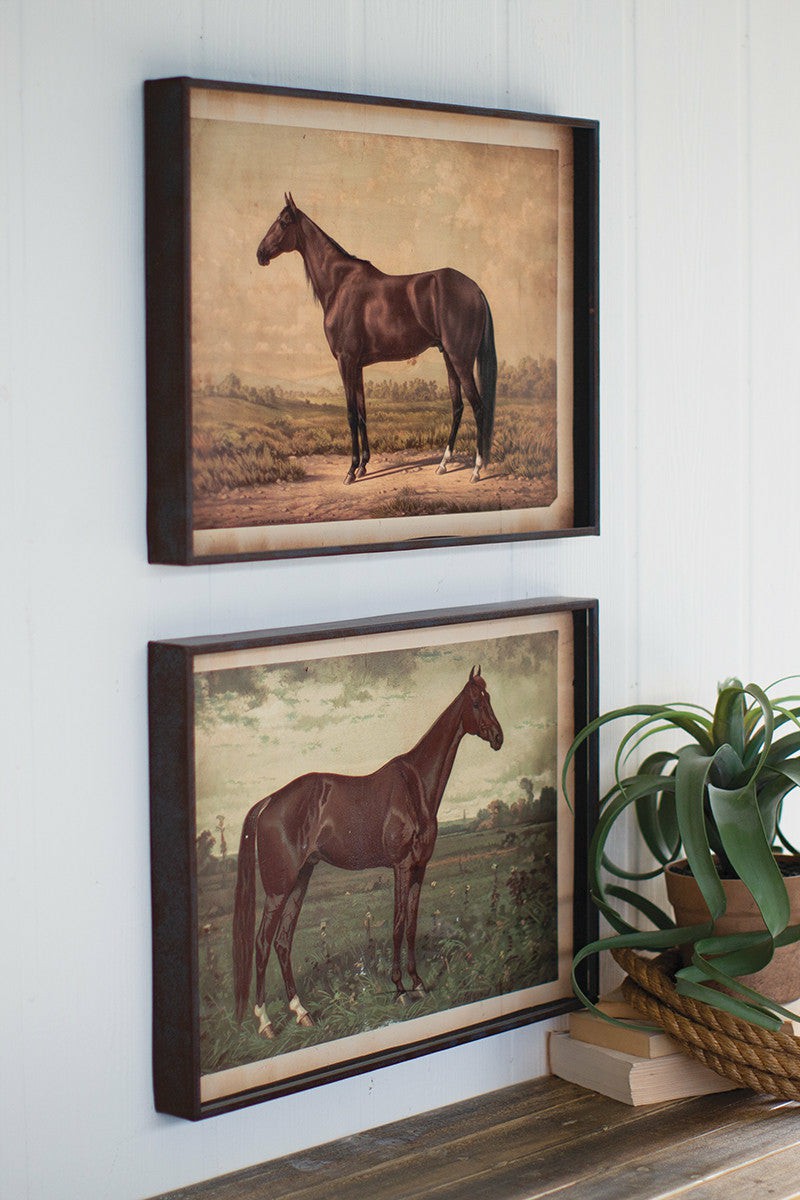 Set Of Two Horse Prints Under Glass