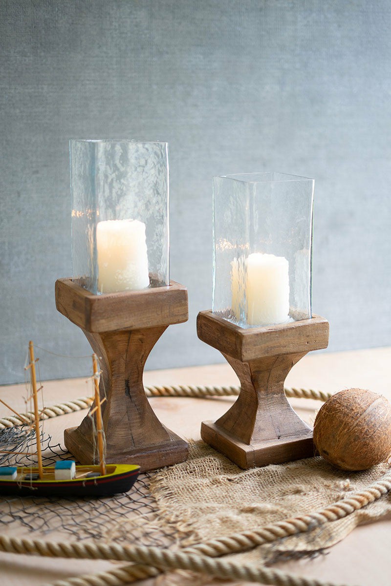 Square Hurricanes With Recycled Wood Bases Set Of 2