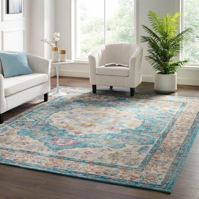 Success Anisah Distressed Vintage Floral Persian Medallion 8X10 Area Rug Light Blue, Ivory, Yellow, Orange – R-1163-810