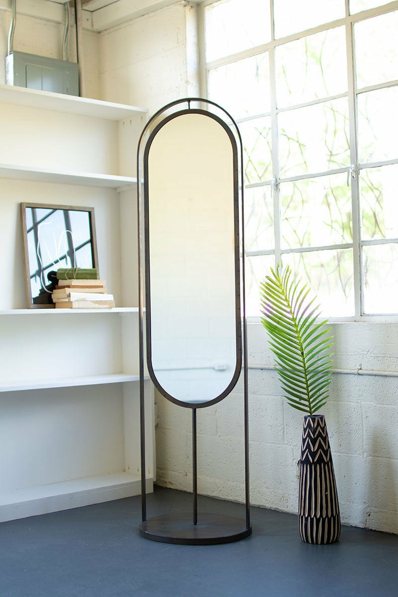 Tall Oval Floor Mirror With Rack And Basket On Back