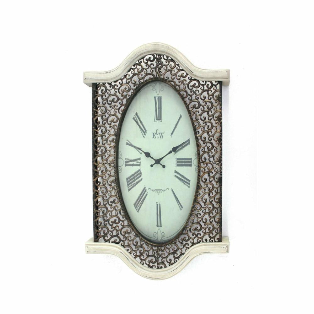 Wall Clock With Scalloped Wooden Top And Bottom, White