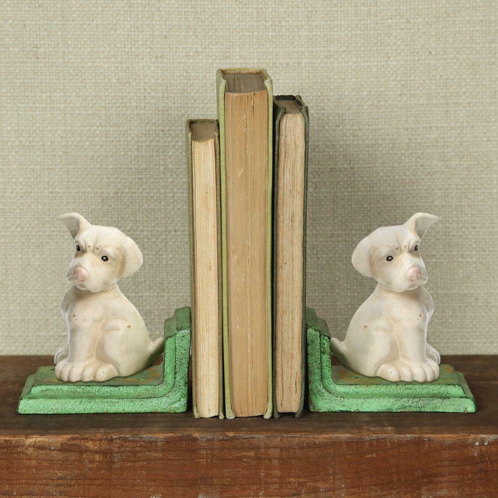 White Puppy Bookends – Cast Iron – White