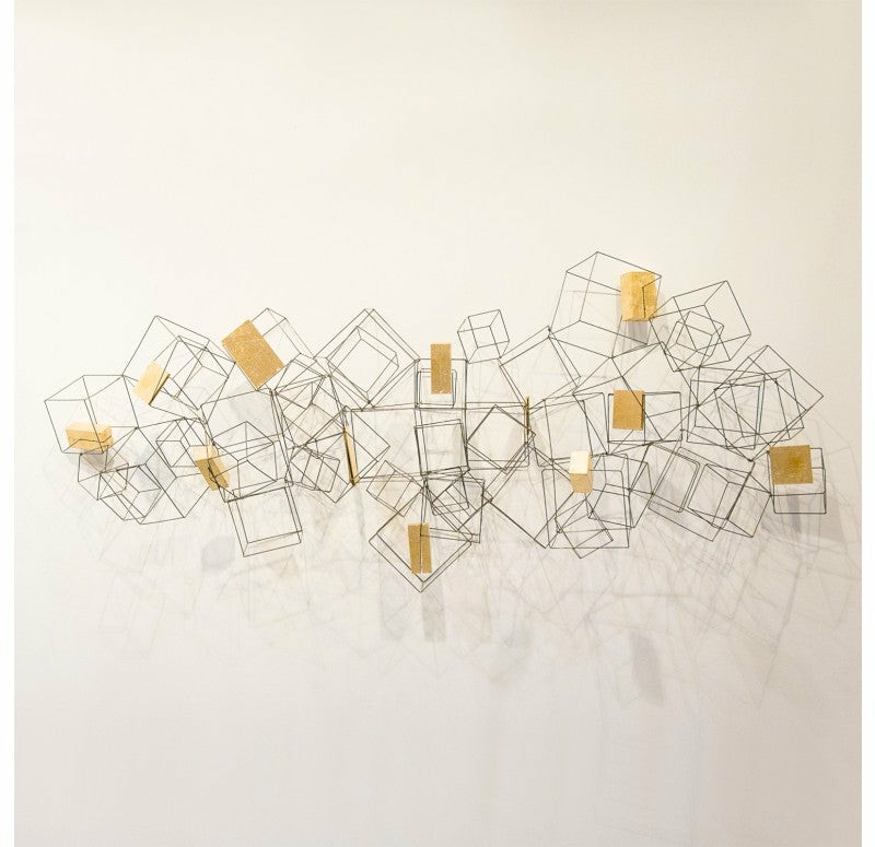 Wire Cube Sculpture W/ Gilded Wood Blocks