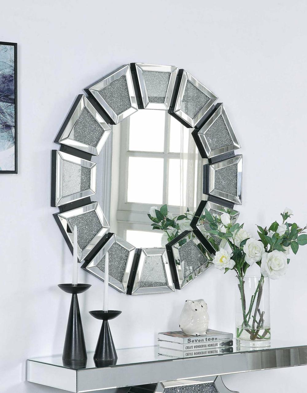 Wooden Backing Walldecor With Tapered Mirrored Panel Borders, Clear And Black