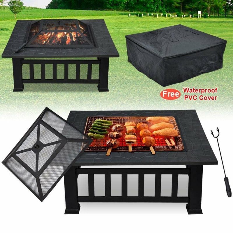 32″ Gray Square Charcoal Or Wood Burning Fire Pit With Cover