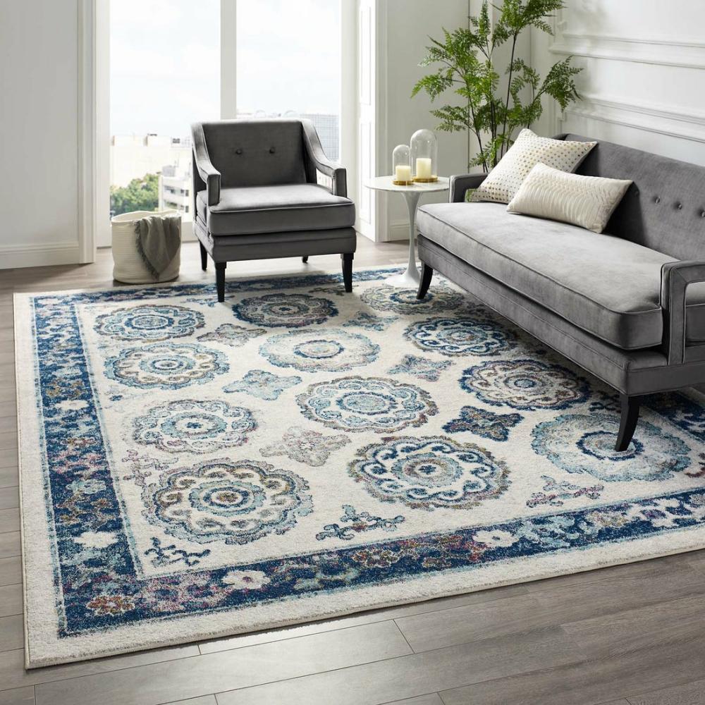 Entourage Odile Transitional Distressed Vintage Floral Moroccan Trellis 8X10 Area Rug Ivory And Blue – R-1168-810