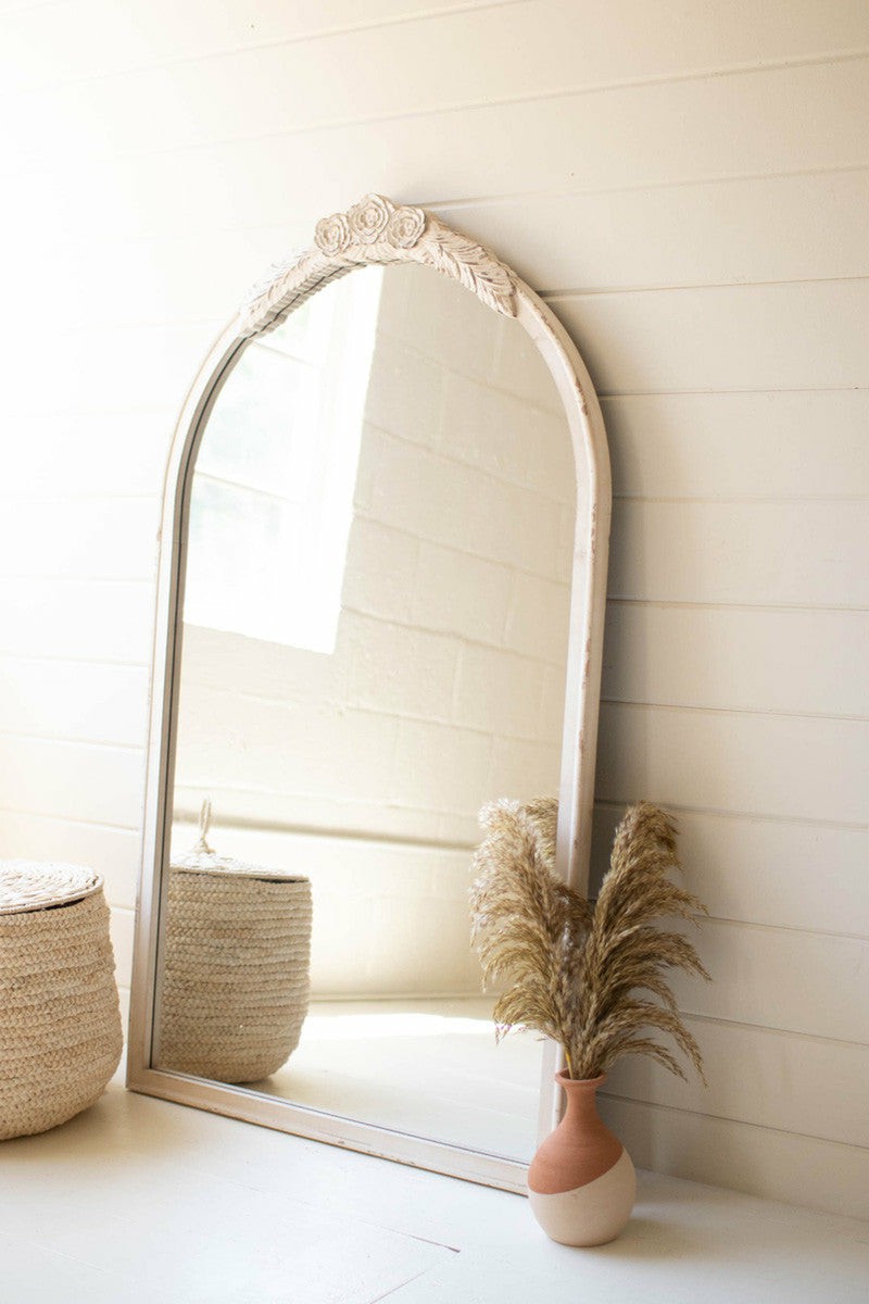 Large Arched Wood Framed Mirror With Carved Detail