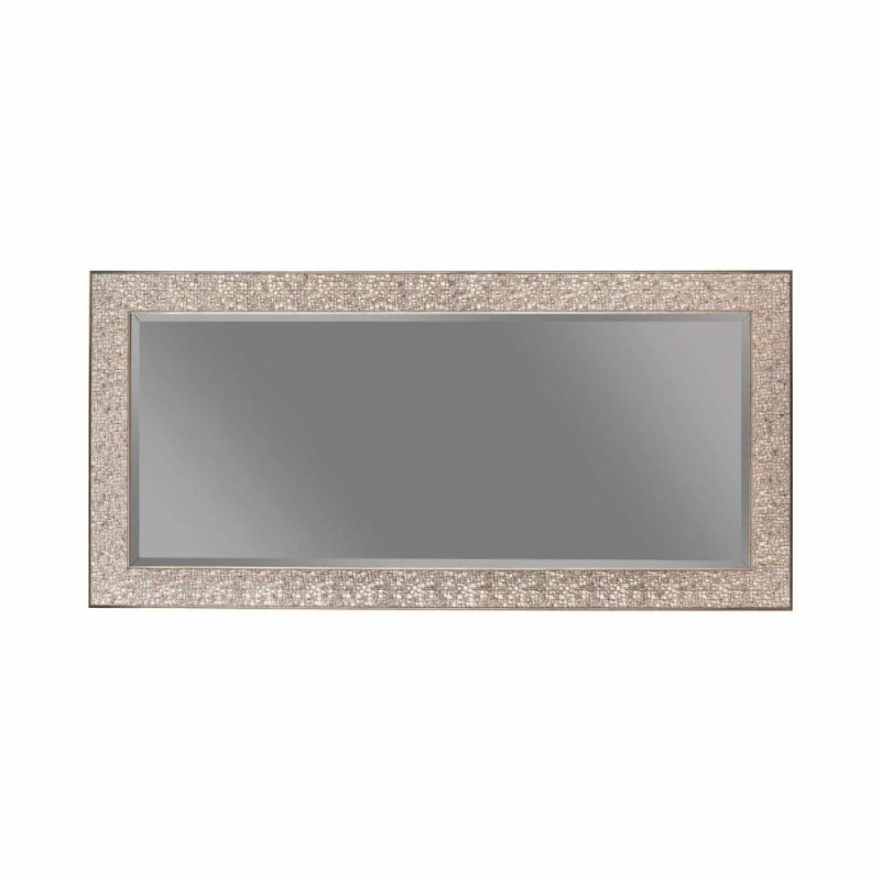 Rectangular Beveled Accent Floor Mirror With Glitter Mosaic Pattern, Silver