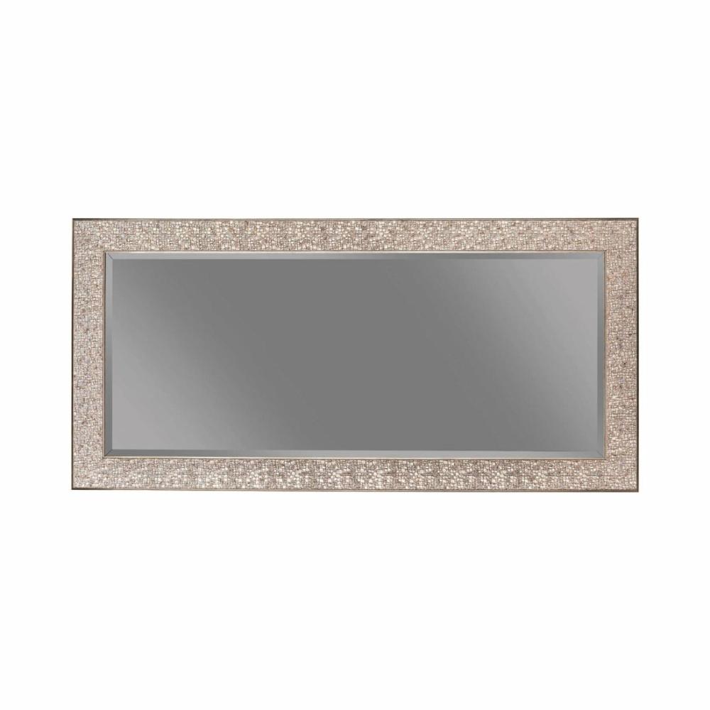 Rectangular Beveled Accent Floor Mirror With Glitter Mosaic Pattern, Silver