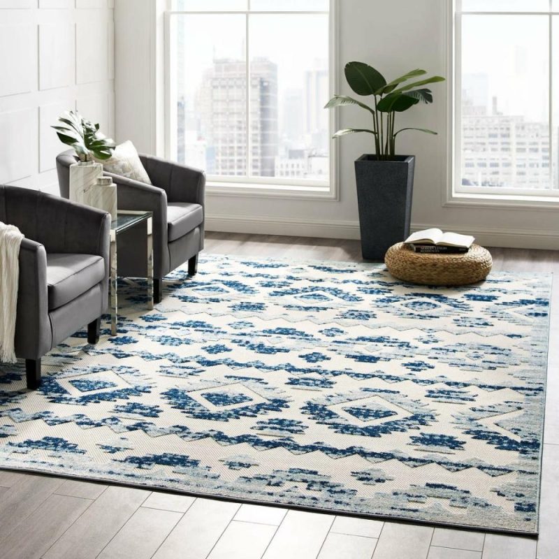 Reflect Takara Distressed Contemporary Abstract Diamond Moroccan Trellis 8X10 Indoor And Outdoor Area Rug Ivory And Blue – R-1180-810