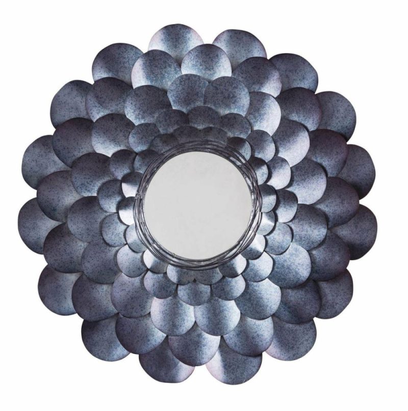 Round Metal Accent Mirror With Blooming Flower Shape, Blue And Silver